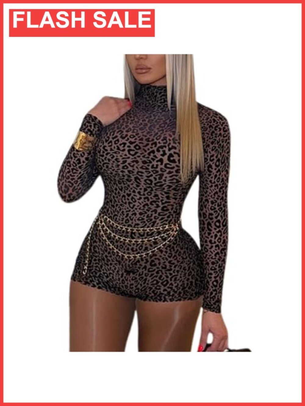 Womens Leopard Print Long Sleeve Bodycon Romper High Waist Shorts Jumpsuit
